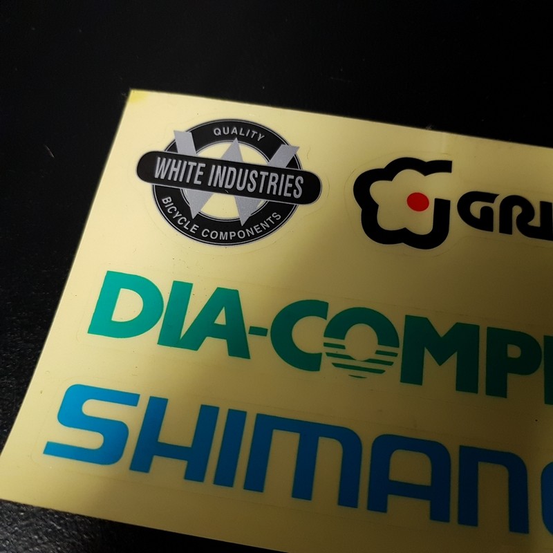 N.O.S. sticker board "SHIMANO/WHITE INDUSTRIE/MARINE/DIA COMPE/GRIP SHIFT" (Ref 01)